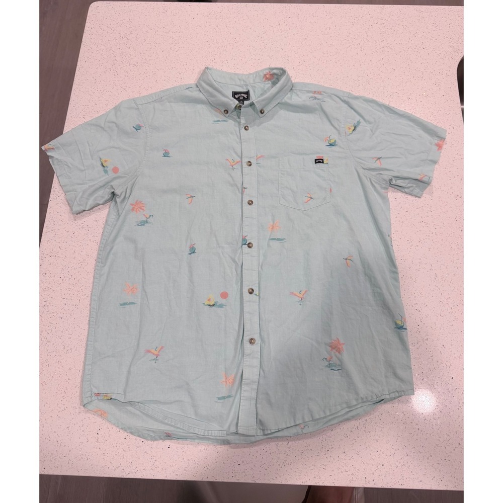 Billabong Mens XL Mint Green Tropical Flamingo Coconut Short Sleeve Button Down - Picture 1 of 4